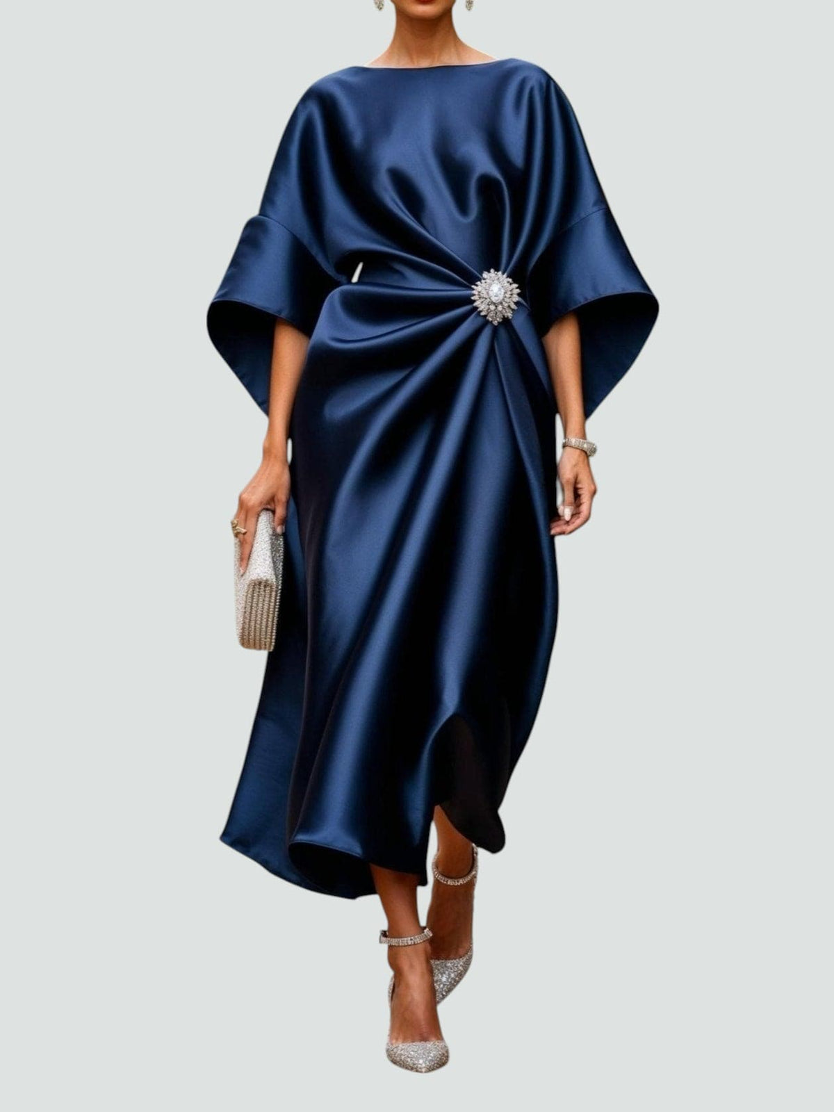 Draped Boat-Neck Dress with Wide Sleeves and a Floral Embellishment at the Waist-1