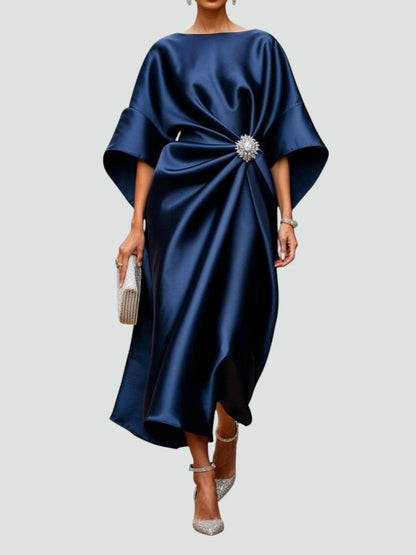 Draped Boat-Neck Dress with Wide Sleeves and a Floral Embellishment at the Waist-1