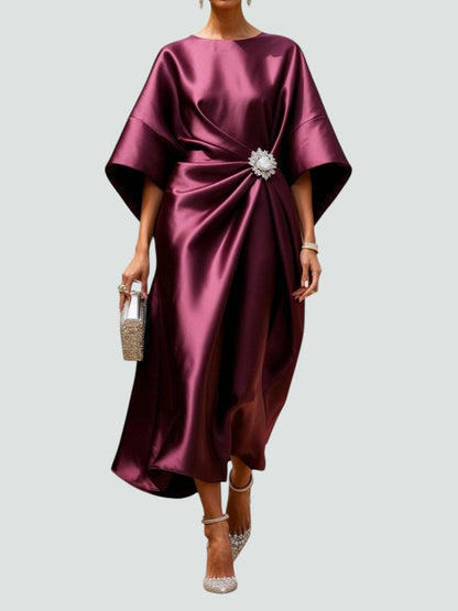 Draped Boat-Neck Dress with Wide Sleeves and a Floral Embellishment at the Waist-2