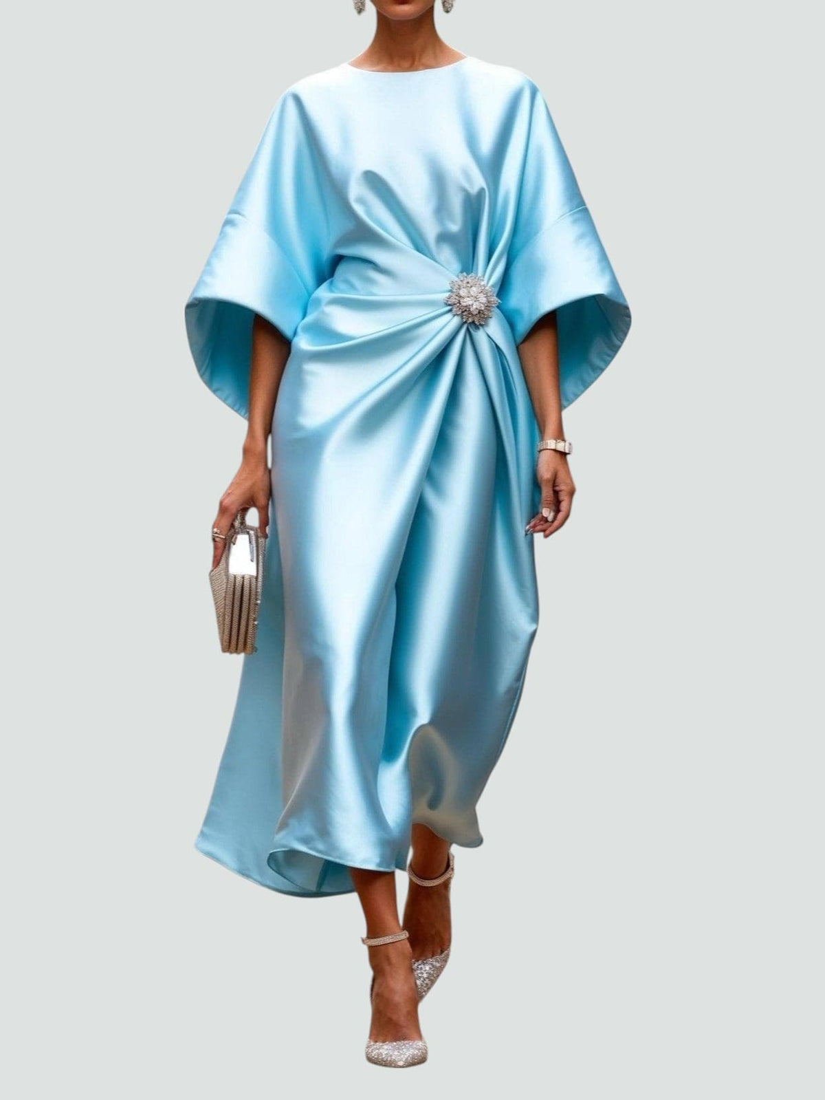 Draped Boat-Neck Dress with Wide Sleeves and a Floral Embellishment at the Waist-3