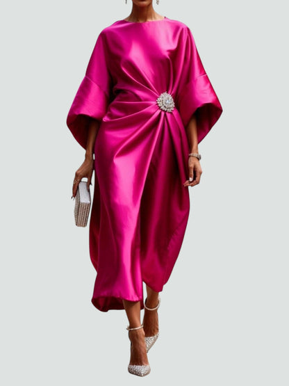 Draped Boat-Neck Dress with Wide Sleeves and a Floral Embellishment at the Waist-4