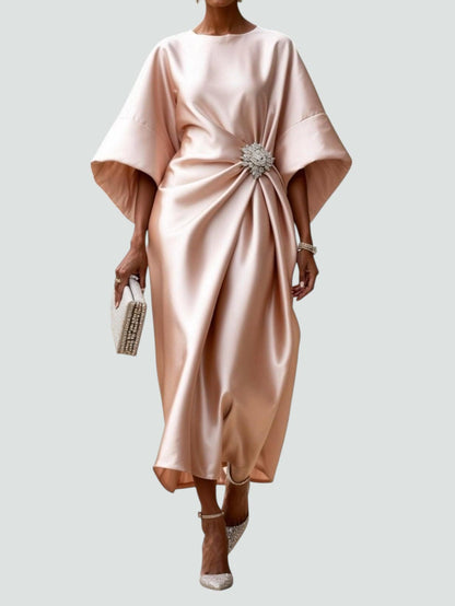Draped Boat-Neck Dress with Wide Sleeves and a Floral Embellishment at the Waist-5