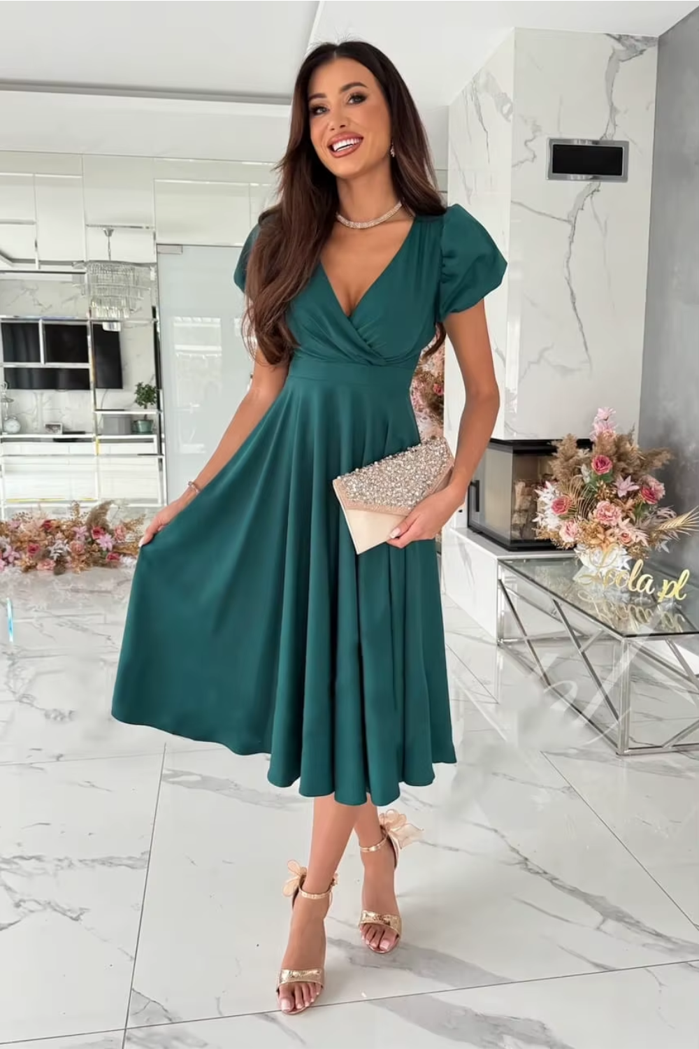 Women's midi dress with a V-neckline