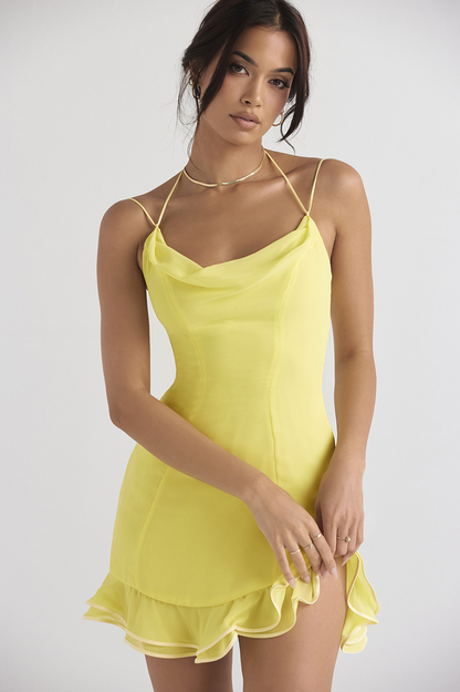 Yellow mini cocktail dress with a draped cowl neckline and fitted silhouette, front view