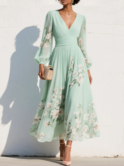 Women's A-line midi dress with a V-neckline