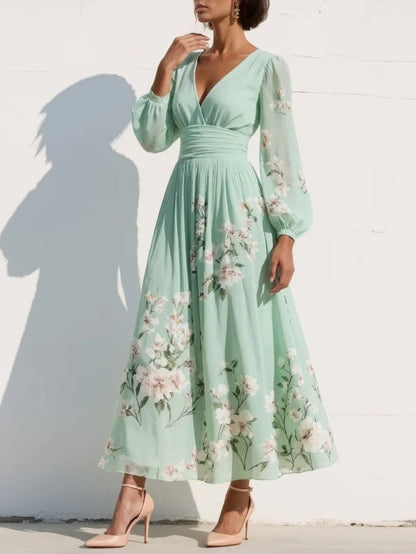 Women's A-line midi dress with a V-neckline