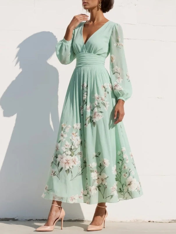 Women's A-line midi dress with a V-neckline