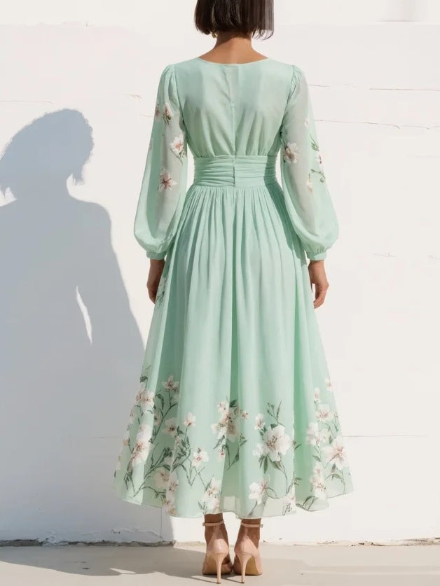 Women's A-line midi dress with a V-neckline