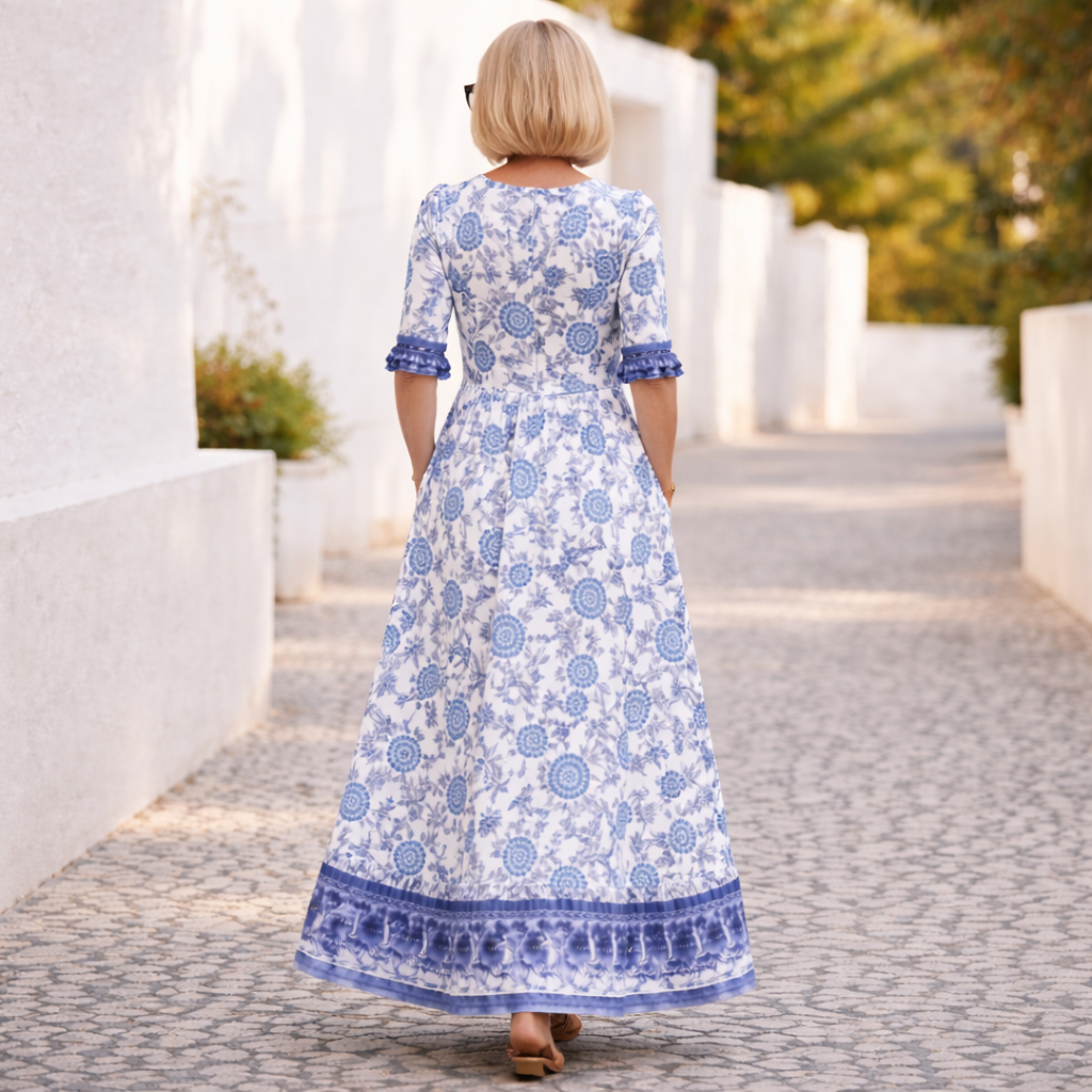 Back view of the blue floral V-neck maxi dress with three-quarter sleeves