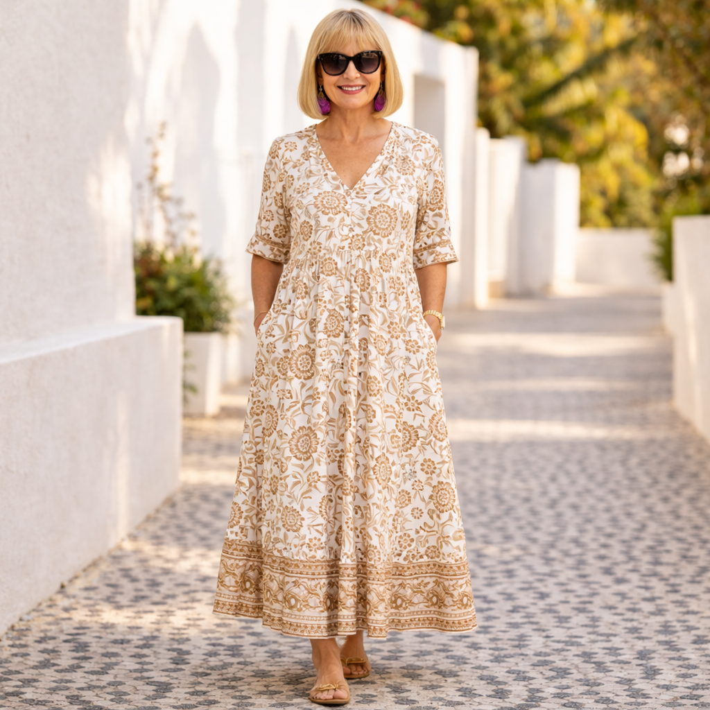 Woman wearing the beige floral V-neck maxi dress, front view