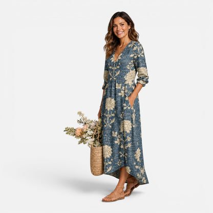 Women's maxi floral dress with a V-neckline