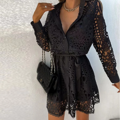 Aurora knee-length lace dress with belt, white mini dress, elegant and stylish for special occasions.