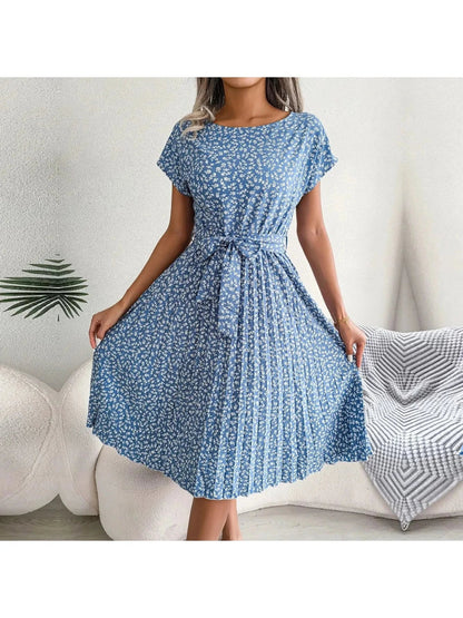 Blue Anabelle floral pleated midi dress, featuring a flowing, elegant design perfect for summer occasions.