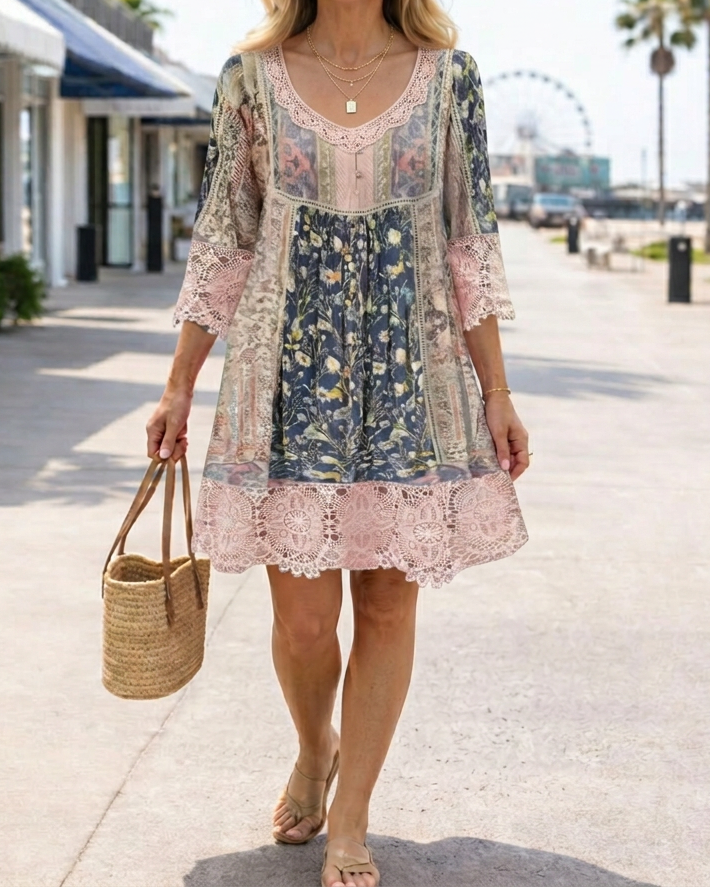 Floral dress with a round neckline