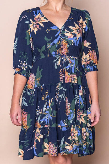 Knee-length floral dress with a drawstring waist