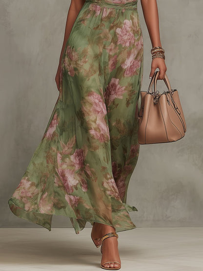 Women's Floral Halter-Neck Flowing Chiffon Maxi Dresses