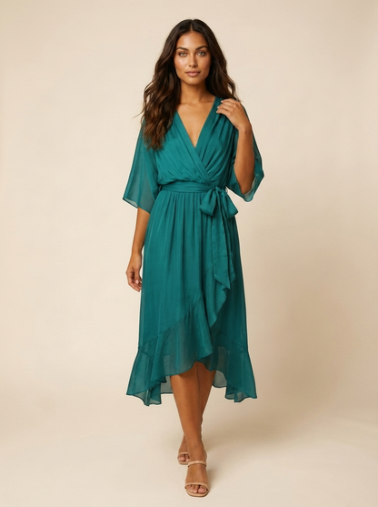 Women's wrap midi dress with a V-neckline