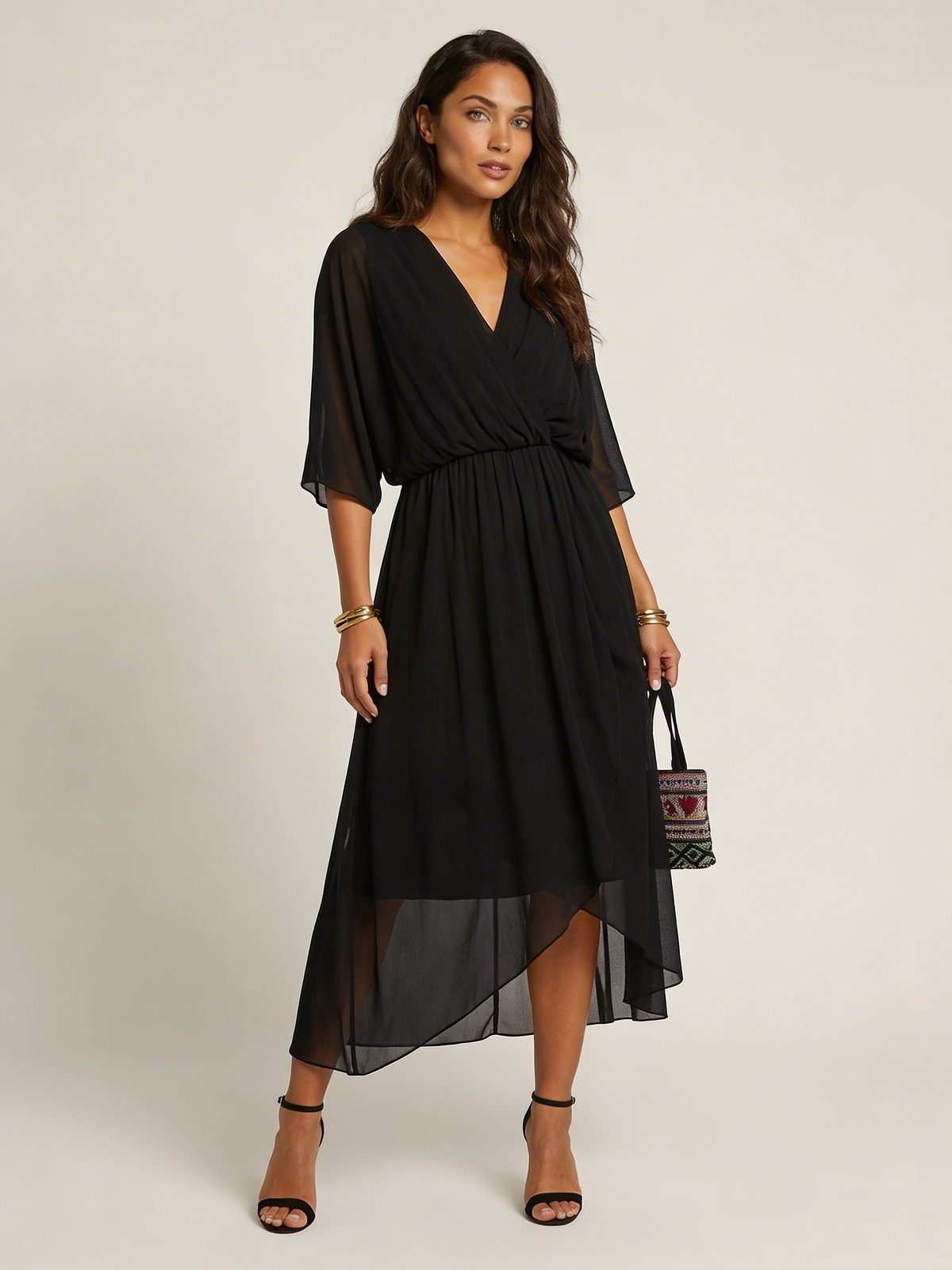 Women's wrap midi dress with a V-neckline