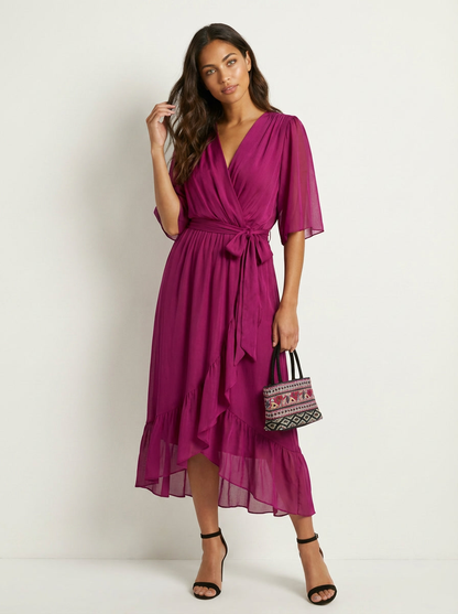Women's wrap midi dress with a V-neckline