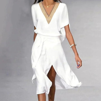 Women's V-Neck Gold-Trim Wrap Midi Dress Short Sleeve - White