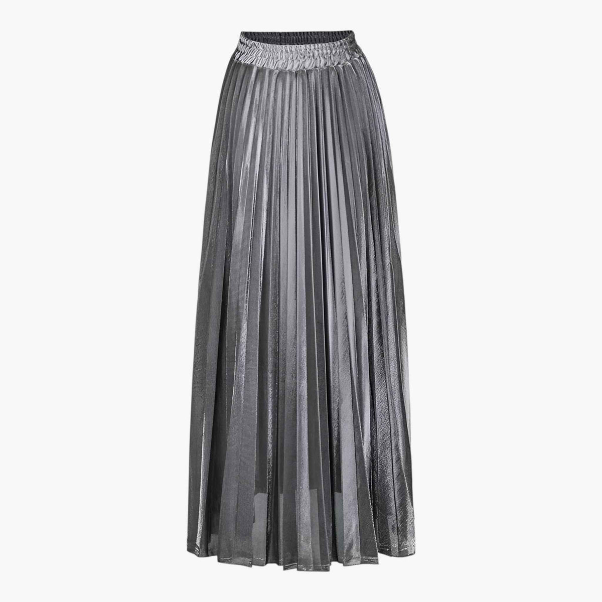Front view of a grey pleated skirt with a high gathered waistband and flared hem