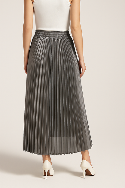 Back view of a grey pleated skirt with a high gathered waistband and softly flared hem