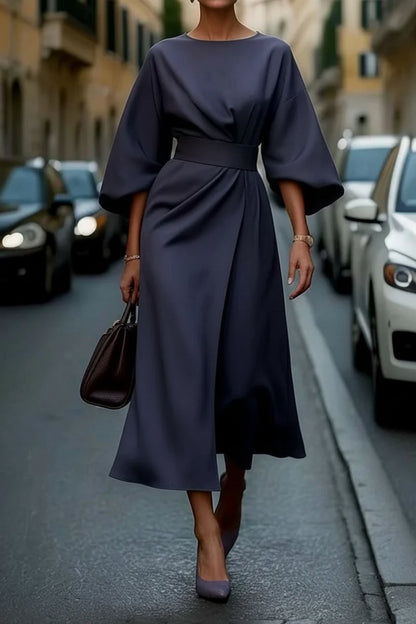 Women's Lantern-Sleeve Waist-Cinching Midi Cocktail Dress - Navy Blue