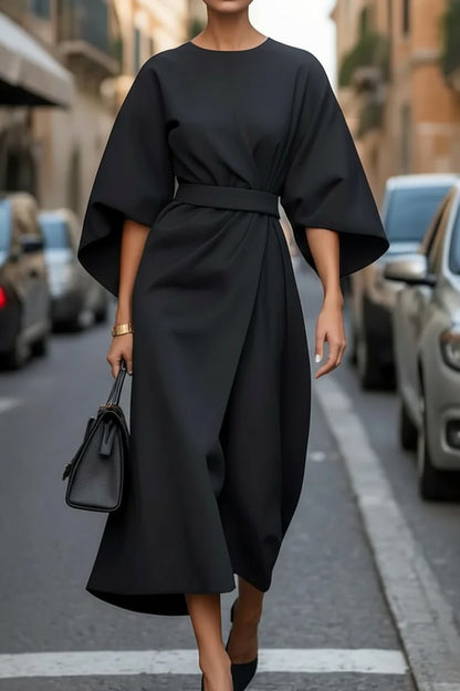 Women's Lantern-Sleeve Waist-Cinching Midi Cocktail Dress