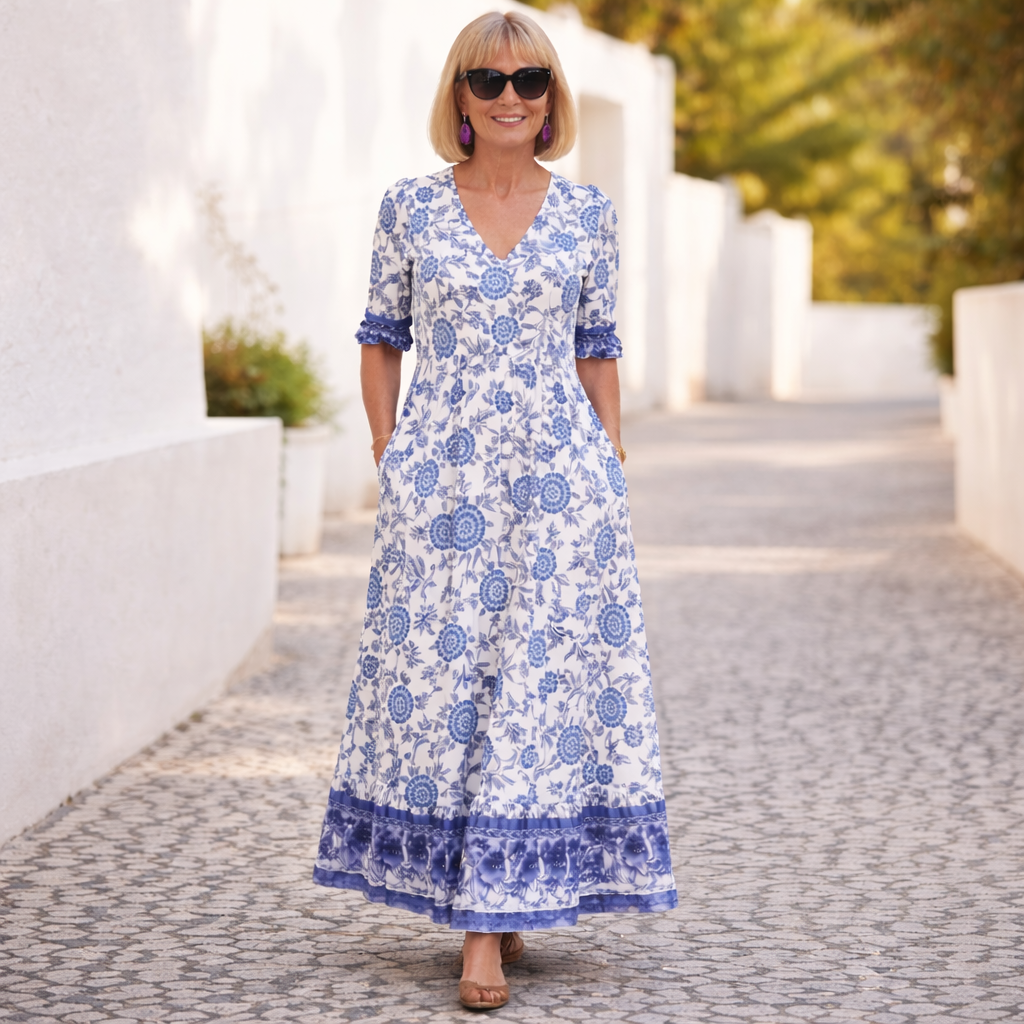 Woman wearing a blue floral V-neck maxi dress with three-quarter sleeves, front view