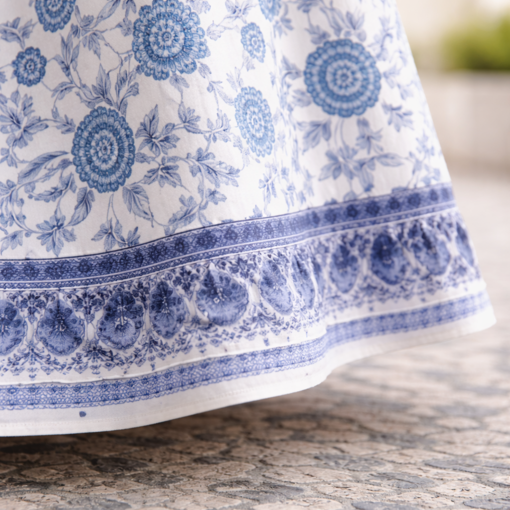 Close-up of the blue floral print and patterned hem border on the white maxi dress