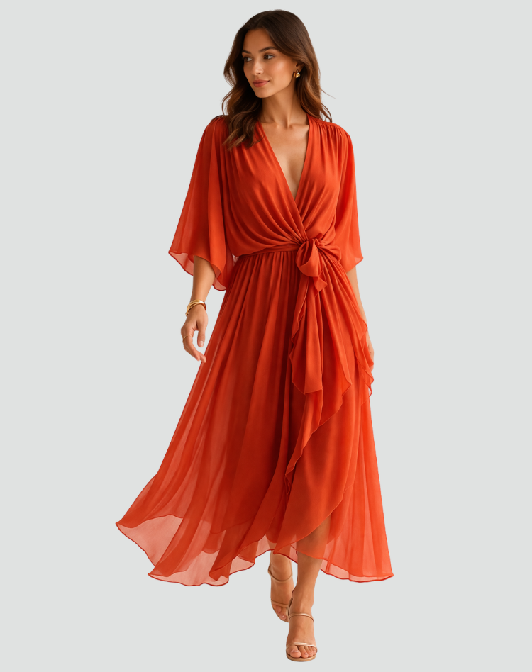Women's wrap midi dress with a V-neckline