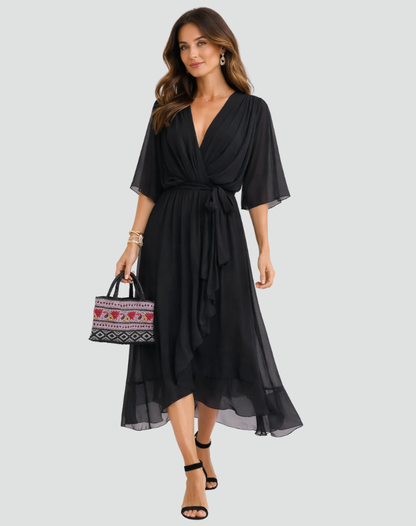 Women's wrap midi dress with a V-neckline