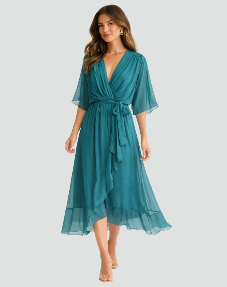 Women's wrap midi dress with a V-neckline