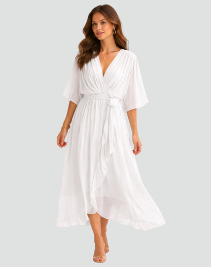 Women's wrap midi dress with a V-neckline