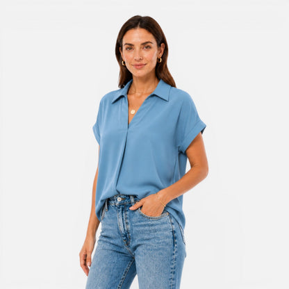 Women's short-sleeve blouse with a V-neckline