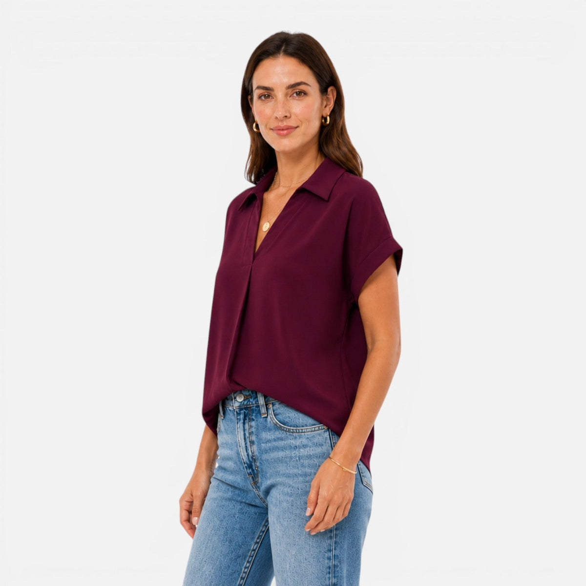 Women's short-sleeve blouse with a V-neckline