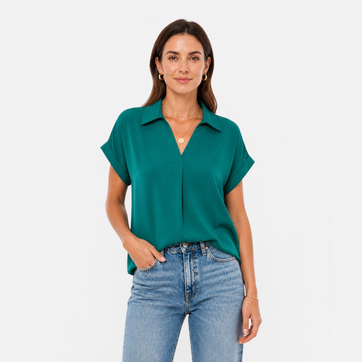 Women's short-sleeve blouse with a V-neckline