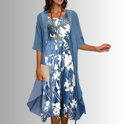Women's blue layered dress and open-front duster set