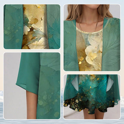 Women's green layered dress and open-front duster set