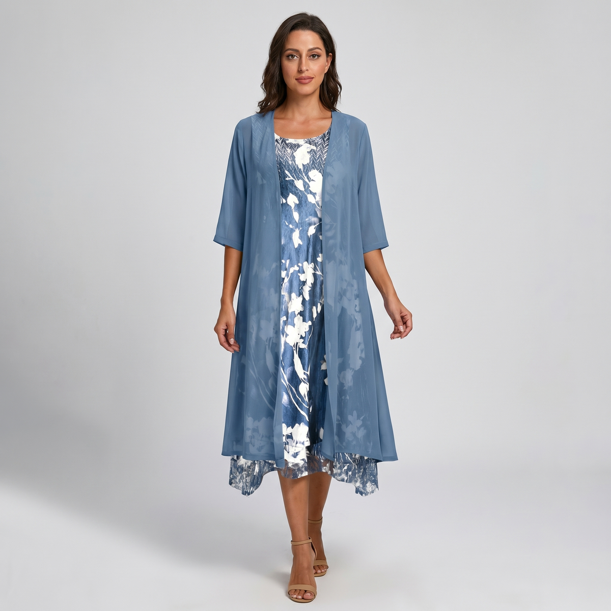 Women's blue layered dress and open-front duster set