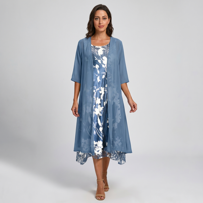 Women's blue layered dress and open-front duster set