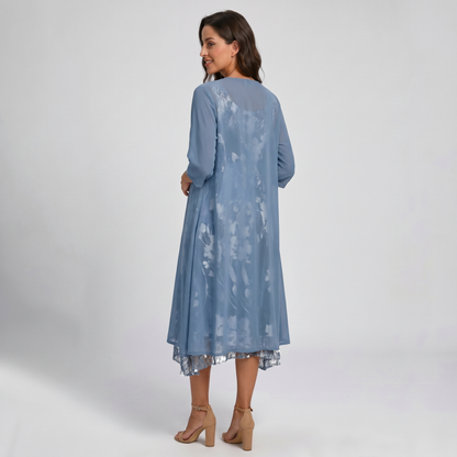 Women's blue layered dress and open-front duster set