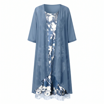Women's blue layered dress and open-front duster set