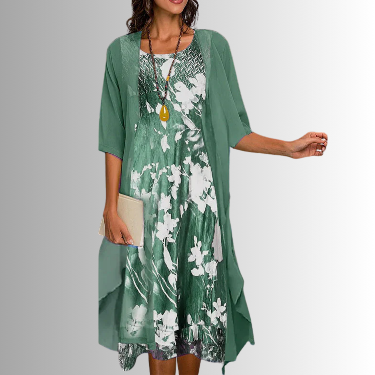 Women's green layered dress and open-front duster set