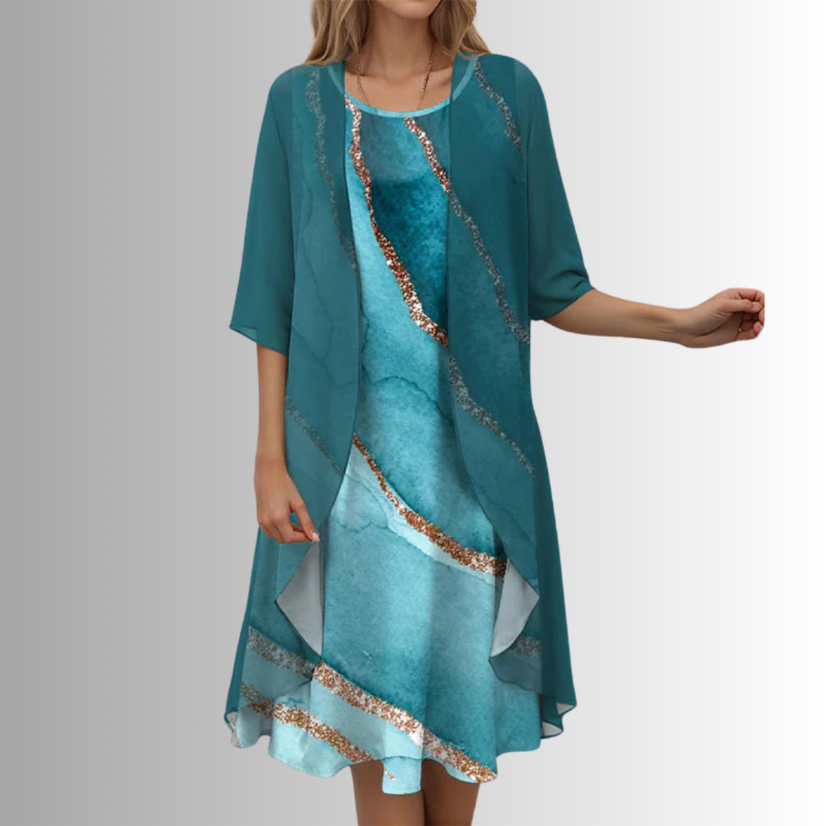 Women's dark blue layered dress and open-front duster set