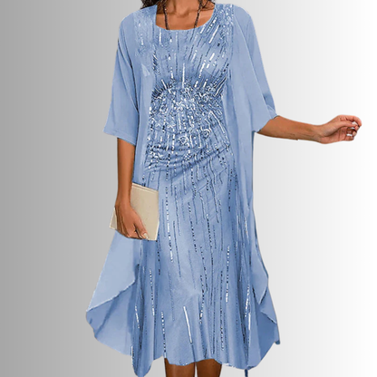 Women's light blue layered dress and open-front duster set
