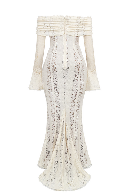 White off-shoulder lace maxi dress with fluted sleeves displayed alone, rear view