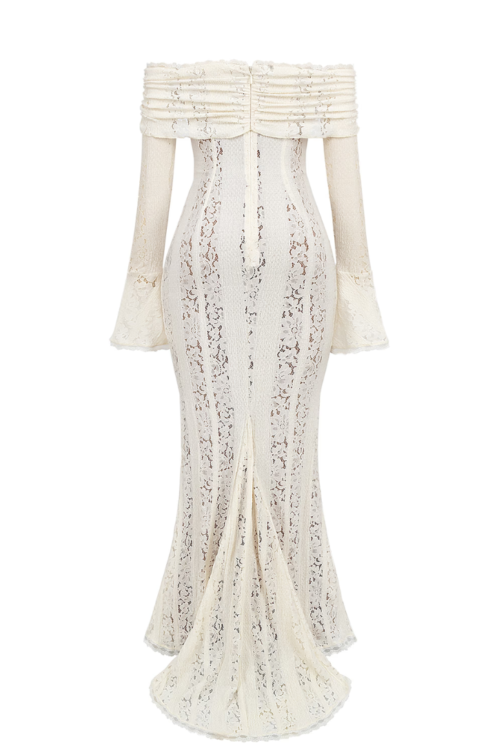 White off-shoulder lace maxi dress with fluted sleeves displayed alone, rear view