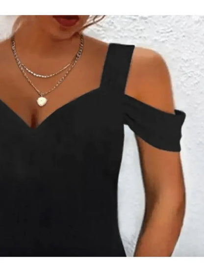 Avril chic off-shoulder dress in size S, stylish and elegant, displayed on a hanger against a neutral background.