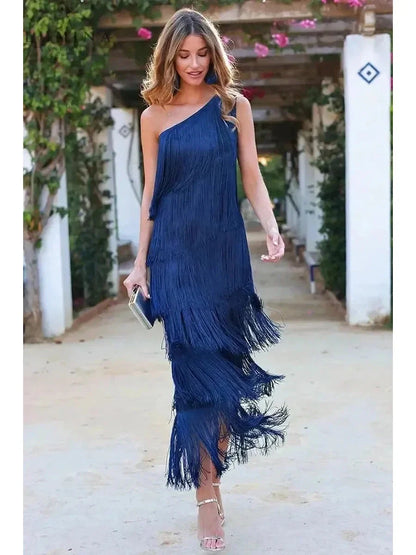 Blue Anne one-shoulder evening dress, elegant wedding guest dress with a stylish shoulder design.